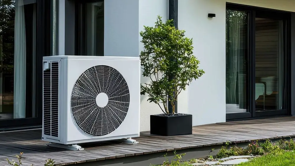 Unité extérieure d’une pompe à chaleur air-air installée sur la terrasse d’une maison contemporaine