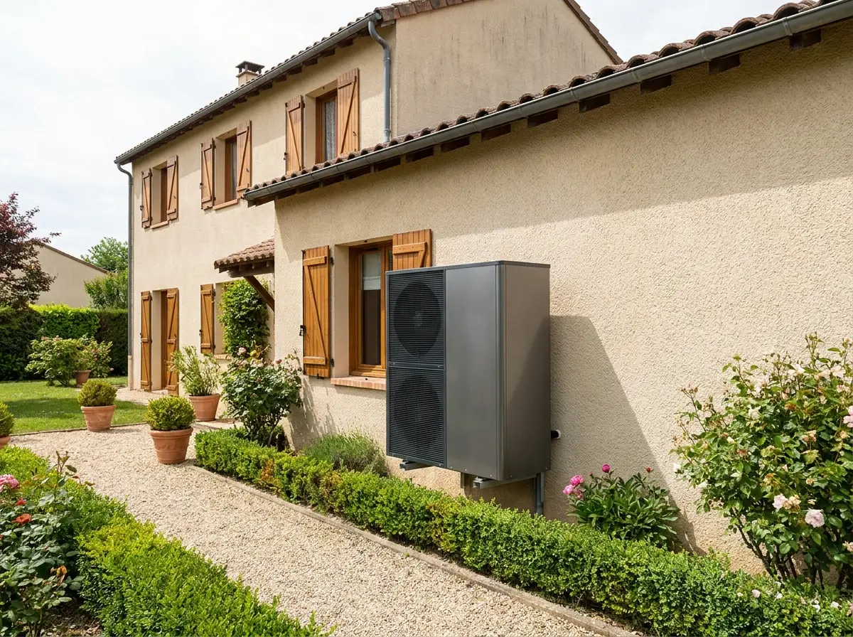 Unité extérieure d’une pompe à chaleur air-eau fixée contre le mur d’une maison, dans un jardin fleuri