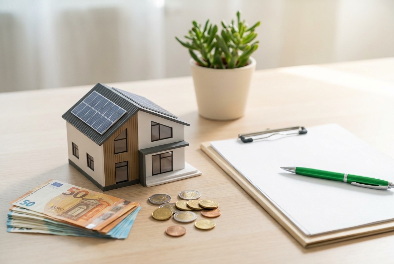 Maquette de maison avec panneaux solaires, billets et pièces en euros, symbolisant les aides financières pour une pompe à chaleur