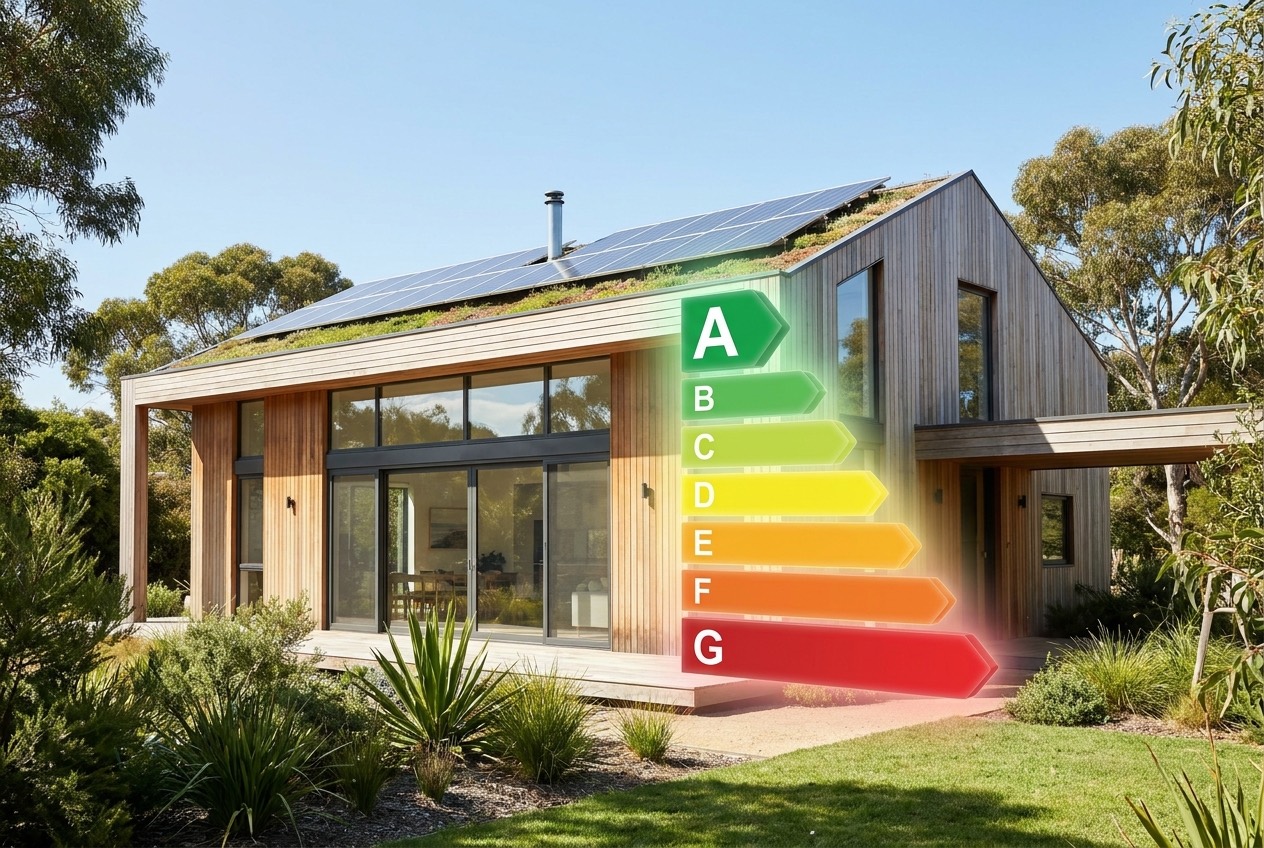 Maison moderne avec une étiquette de Diagnostic de Performance Énergétique (DPE) de A à G superposée