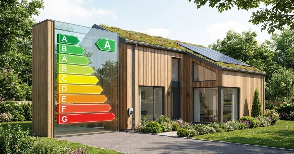 Étiquette DPE de A à G appliquée sur une maison équipée d'une pompe à chaleur