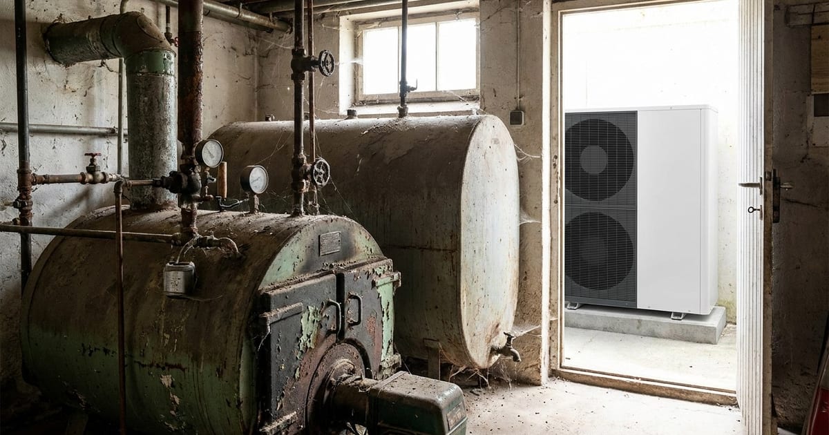 Ancienne chaudière fioul remplacée par une pompe à chaleur moderne